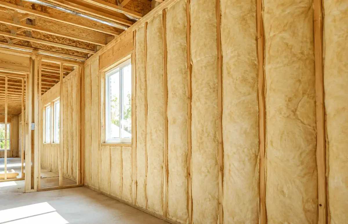 Fiberglass batt insulation installed between wall studs